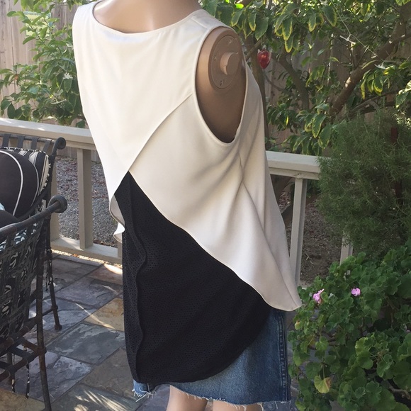 CAbi Creamy White Sleeveless Top with Black Mesh - Picture 1 of 7